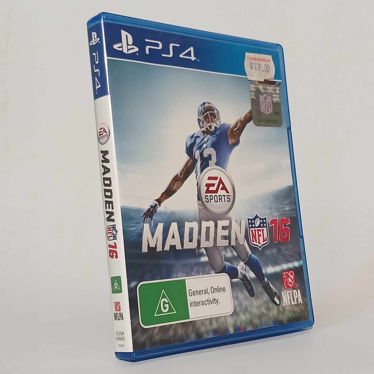 a video game cover of a footMadden NFL 16 football game on PS4. NFL teams, players, football simulation. NZ AUball player